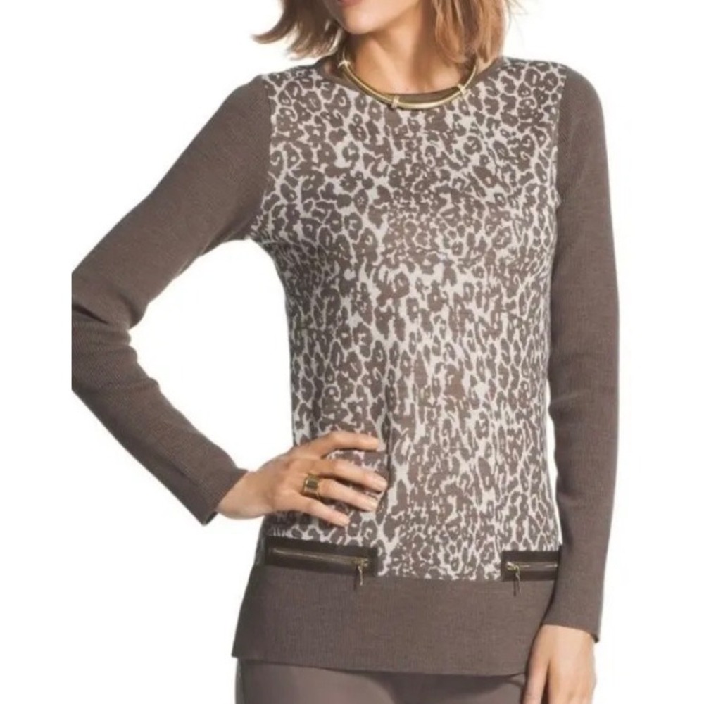 Chicos Brown Leopard Animal Print Wool Blend Sweater Faux Zippers Size 3 XL